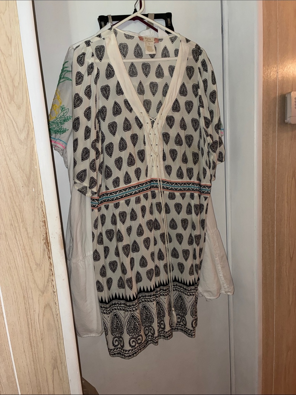 Flying Tomato Cream bohoDress with Black Print and Multicolor Waist Trim